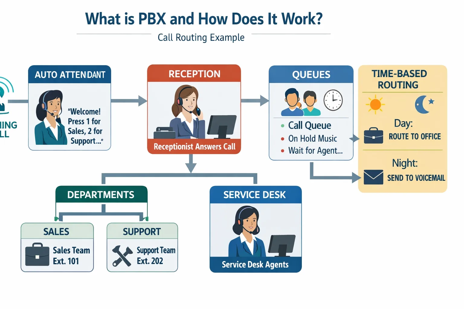 What Is PBX and How Does It Work routing example showing reception, departments, queues, and time-based call treatment across office, branch office, reception, service desk