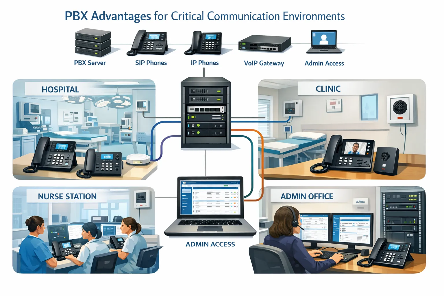 PBX Advantages for Critical Communication Environments deployment scene covering hospital, clinic, nurse station, administration office with desk phones, SIP endpoints, gateways, and administrative access