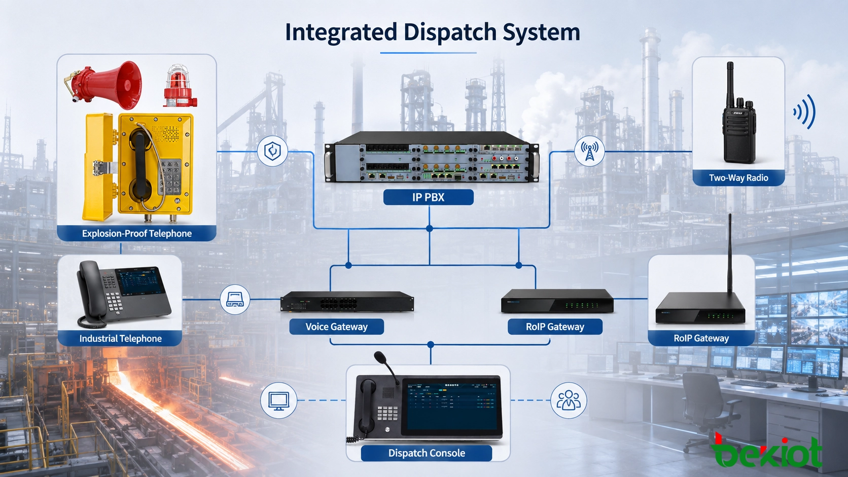 製鉄所における防爆電話機、IP-PBX、放送、無線システムの統合指令アーキテクチャ