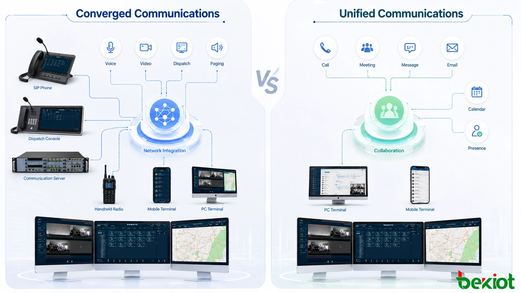 ネットワーク、メディアサービス、コラボレーションツール、ユーザー端末を示すコンバージド・コミュニケーションとユニファイド・コミュニケーションのアーキテクチャ比較