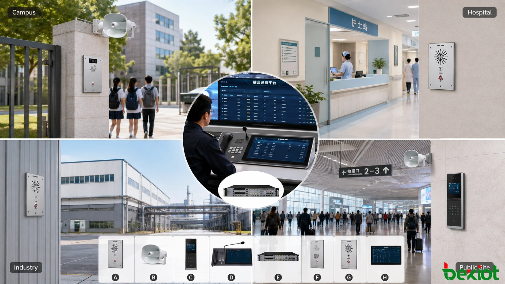 学校、病院、産業施設、キャンパス、交通施設、公共エリアにおける放送ビデオインターコムシステムの利用例