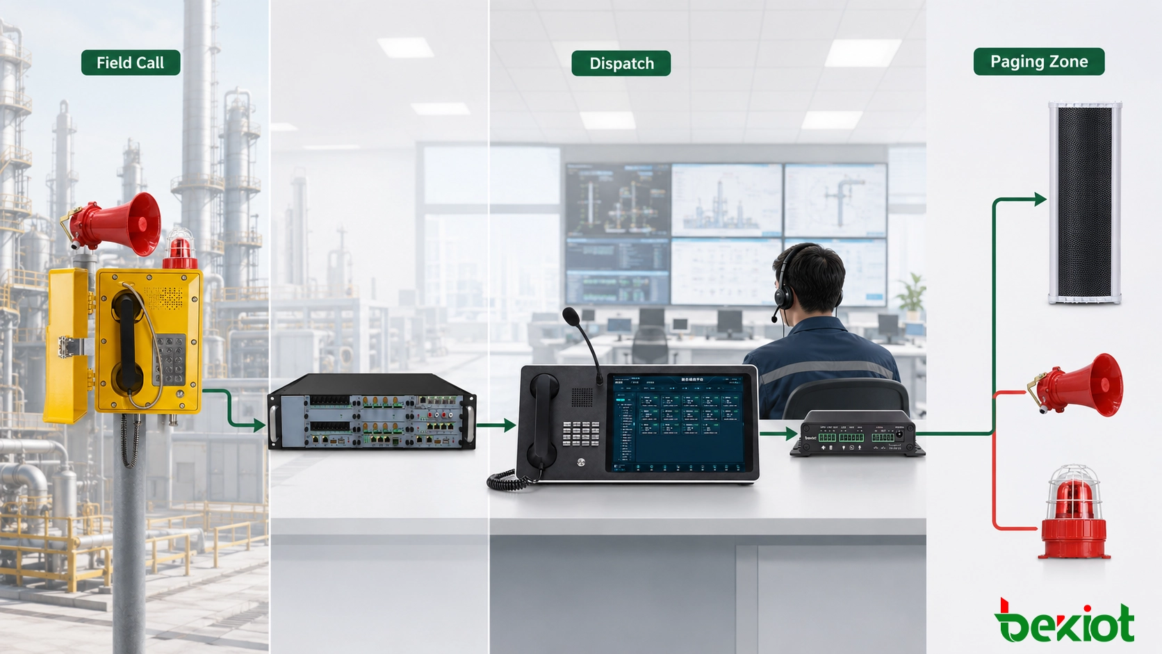 IP PBX、指令台、放送ゲートウェイ、産業用スピーカーに接続された防爆電話機