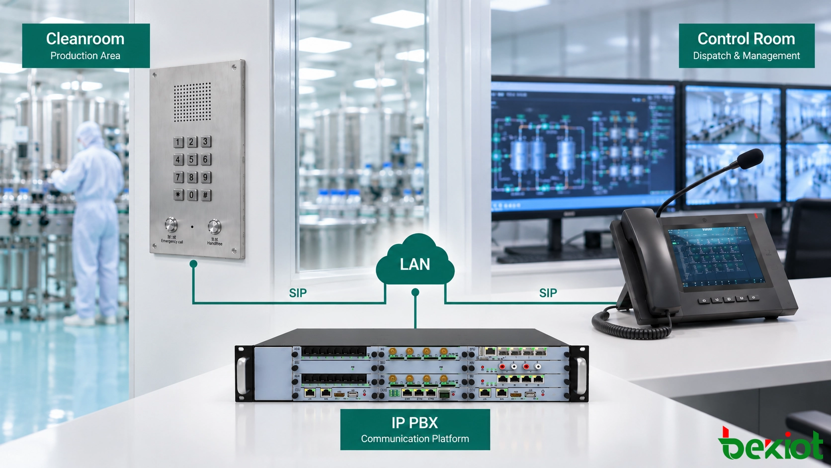 BU2000 IP PBXを介してGP320iディスパッチ電話機に接続されたBT26クリーンルーム電話機